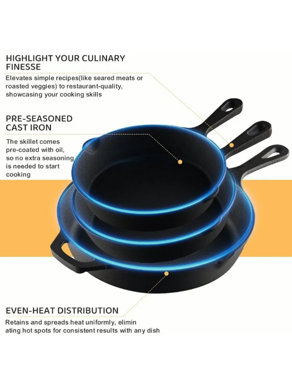 3-Piece Cast Iron Skillet Set - Pre-Seasoned Cookware for Frying & Sautéing, 6